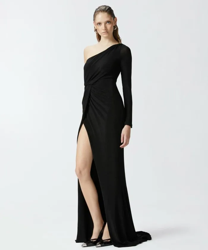 Women Dresses Pinko Elegant Metallic Jersey Dress With Draping Blacklurex Black Women Dresses Pinko Elegant Metallic Jersey Dress With Draping Blacklurex Black