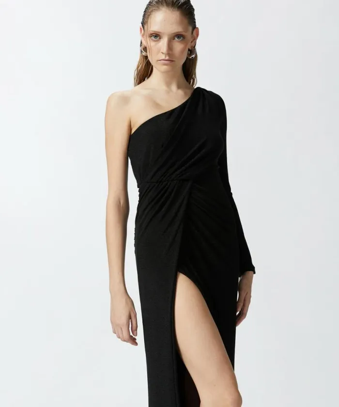 Women Dresses Pinko Elegant Metallic Jersey Dress With Draping Blacklurex Black Women Dresses Pinko Elegant Metallic Jersey Dress With Draping Blacklurex Black