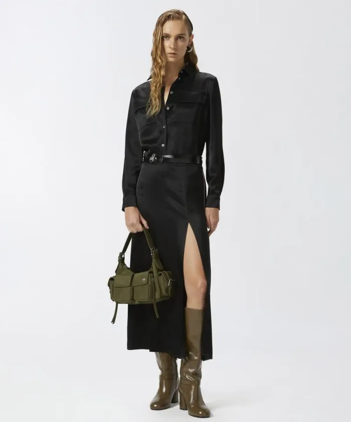 Women Dresses Pinko Long Satin Shirt Dress Limo Black