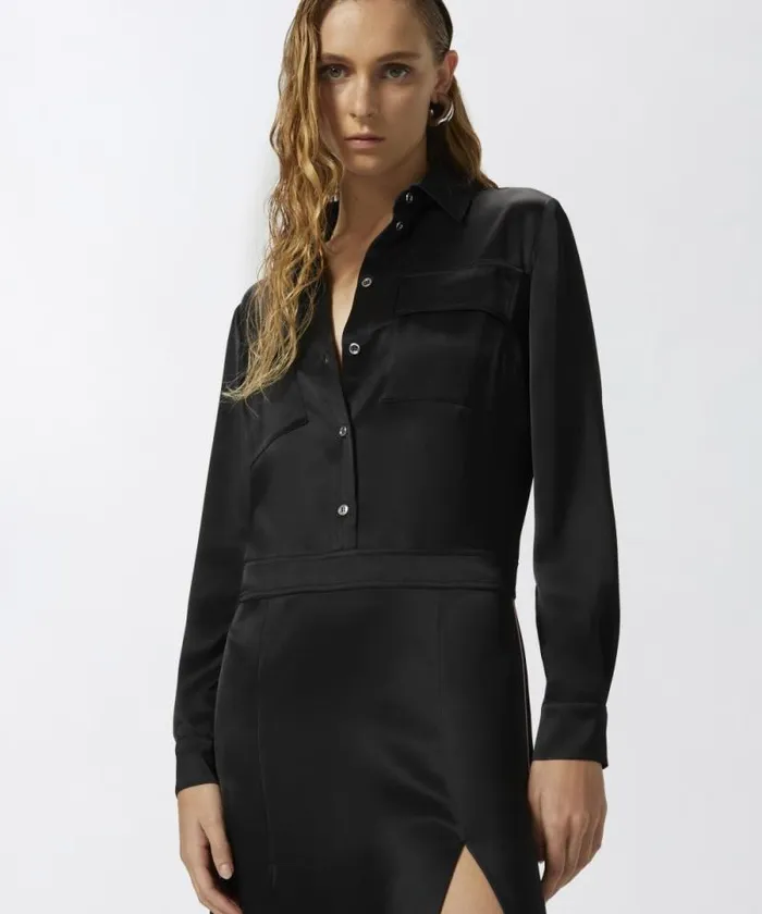 Women Dresses Pinko Long Satin Shirt Dress Limo Black Women Dresses Pinko Long Satin Shirt Dress Limo Black