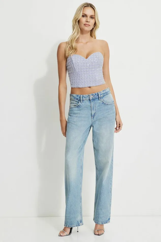 Women Dynamite Blouses and Tops Beaded Pearl Corset Top Blue