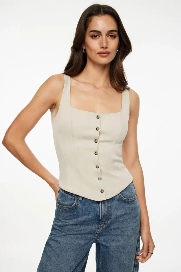 Women Dynamite Blouses and Tops Structured Buttoned Vest Beige