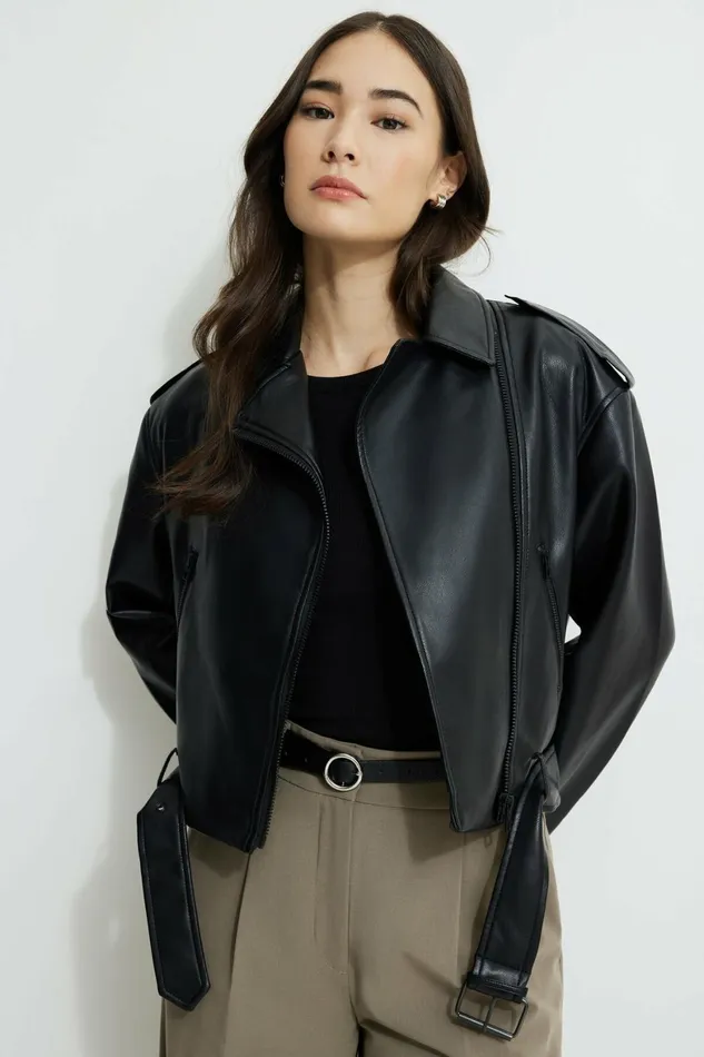 Women Dynamite Coats and Jackets Belted Faux Leather Biker Jacket BLACK