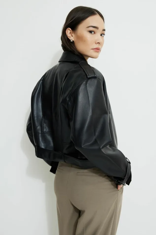 Women Dynamite Coats and Jackets Belted Faux Leather Biker Jacket BLACK