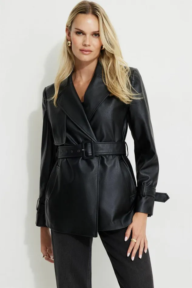 Women Dynamite Coats and Jackets Cropped Faux Leather Trench Coat BLACK