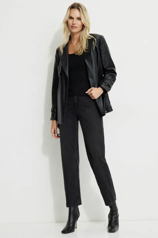 Women Dynamite Coats and Jackets Cropped Faux Leather Trench Coat BLACK