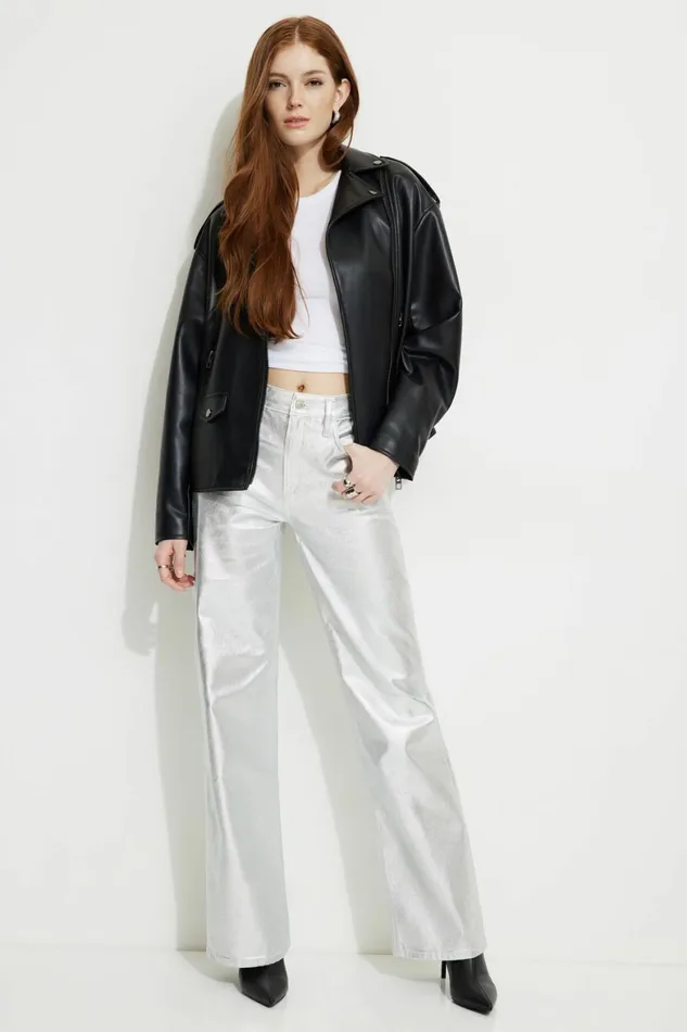 Women Dynamite Jeans and Denim Metallic Heidi Wide Leg Jeans Gray