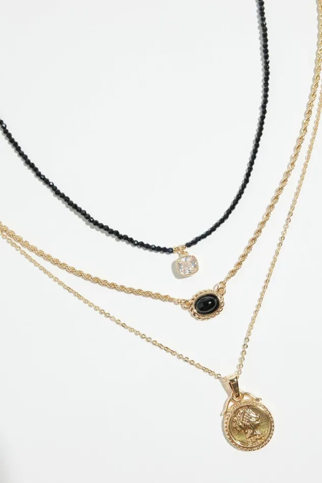 Women Dynamite Necklaces 3Pack Medallion and Glass Bead Necklaces Black