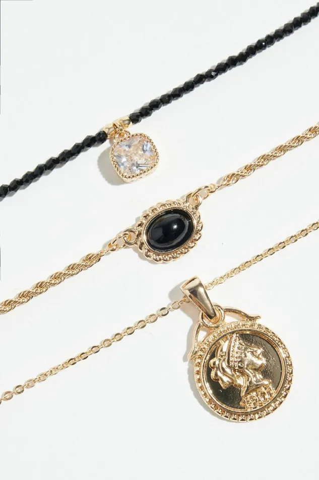 Women Dynamite Necklaces 3Pack Medallion and Glass Bead Necklaces Black