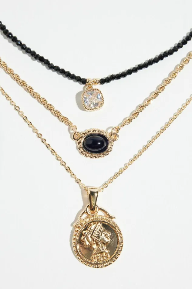 Women Dynamite Necklaces 3Pack Medallion and Glass Bead Necklaces Black