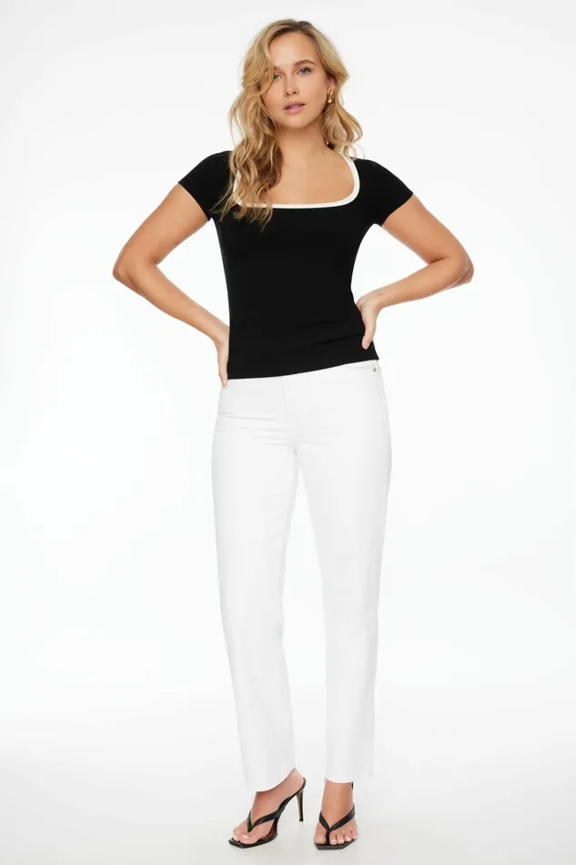 Women Dynamite Short Sleeve Tops Square Neck Ribbed TShirt BLACK