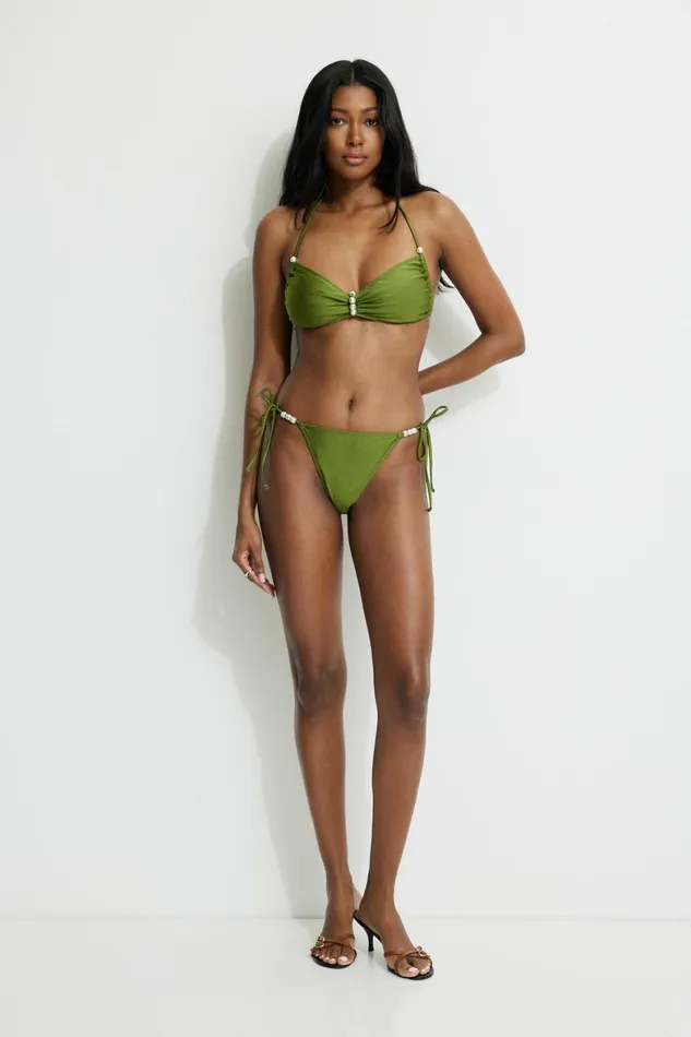 Women Dynamite Swimwear Pearl Side Tie Cheeky Bikini Bottom Green