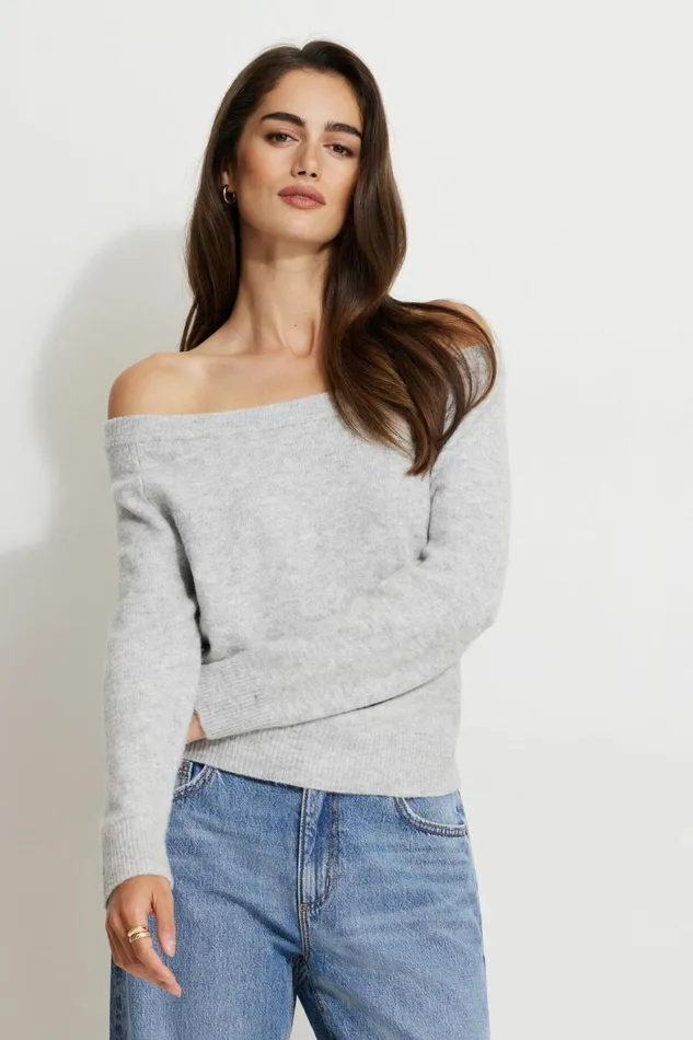 Women Dynamite Tops Heavenlyarn Off Shoulder Sweater Gray