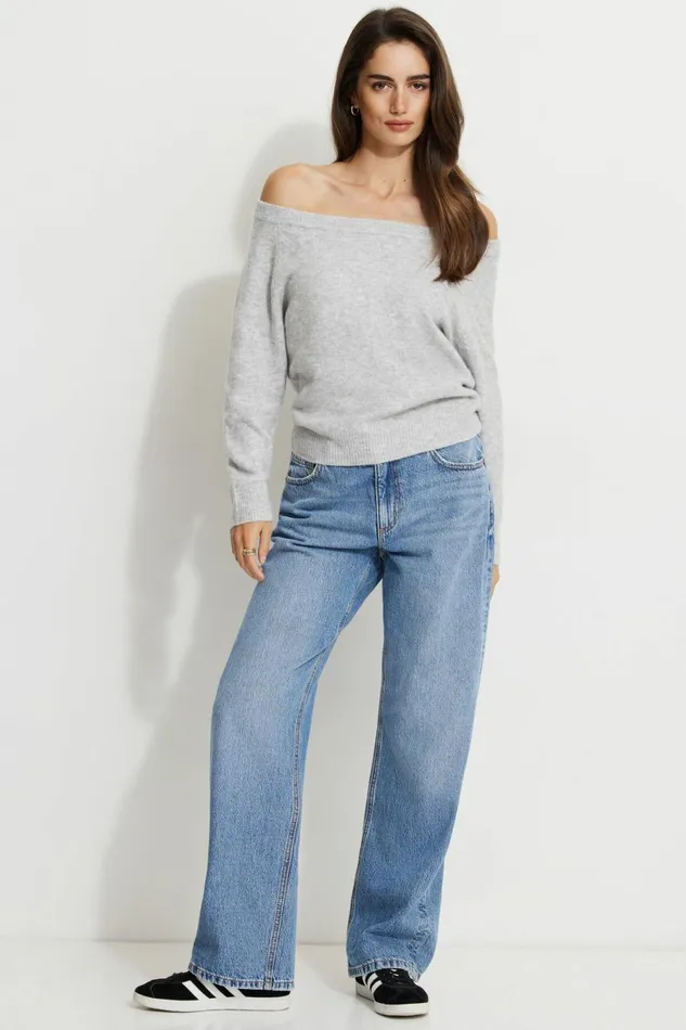 Women Dynamite Tops Heavenlyarn Off Shoulder Sweater Gray