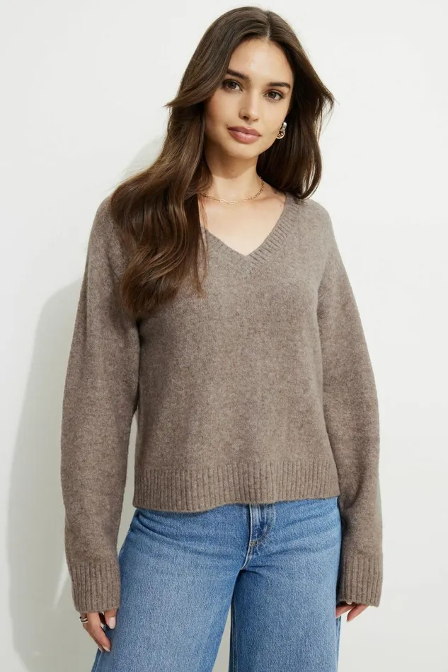 Women Dynamite Tops Heavenlyarn VNeck Sweater Brown