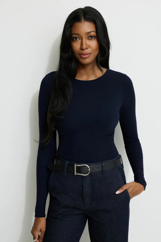 Women Dynamite Tops Tedi Ribbed Long Sleeve T Shirt Blue