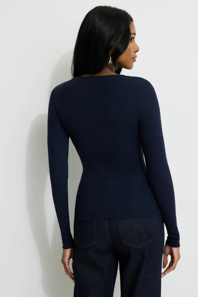 Women Dynamite Tops Tedi Ribbed Long Sleeve T Shirt Blue