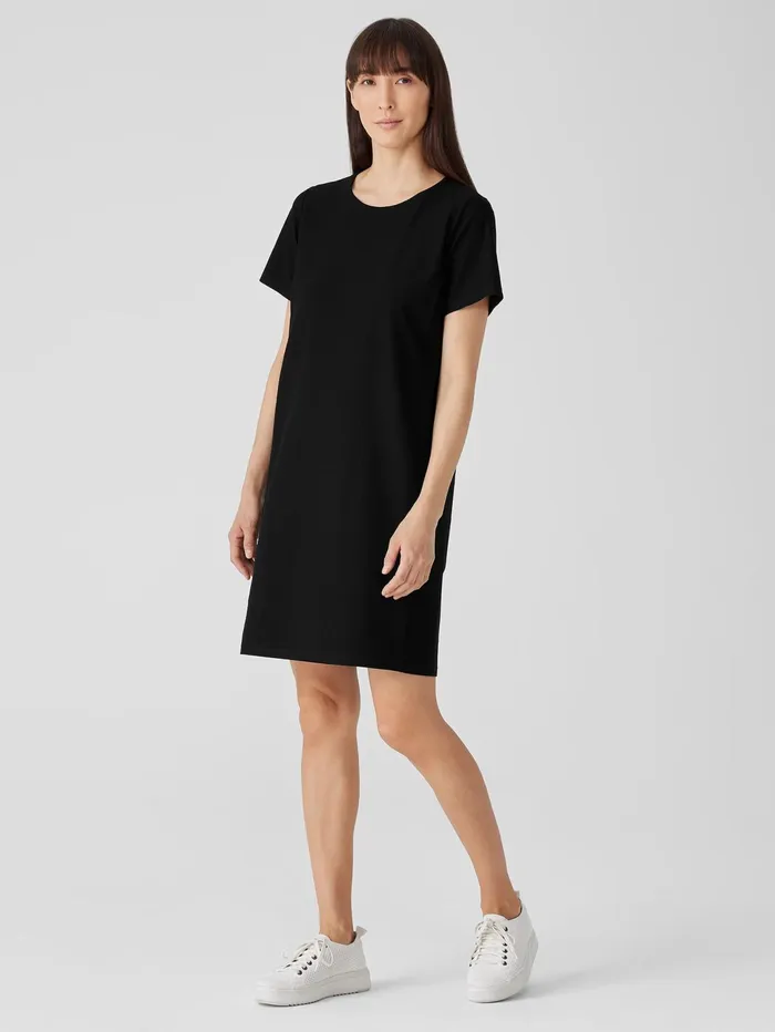 Women Eileen Fisher Dresses and Skirts Washable Stretch Crepe Jewel Neck Dress Black