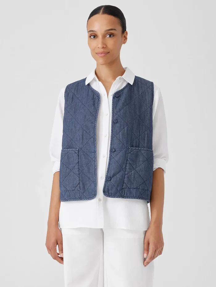 Women Eileen Fisher Jackets Coats and Vests Airy Organic Cotton Twill Quilted Vest Denim Women Eileen Fisher Jackets Coats and Vests Airy Organic Cotton Twill Quilted Vest Denim