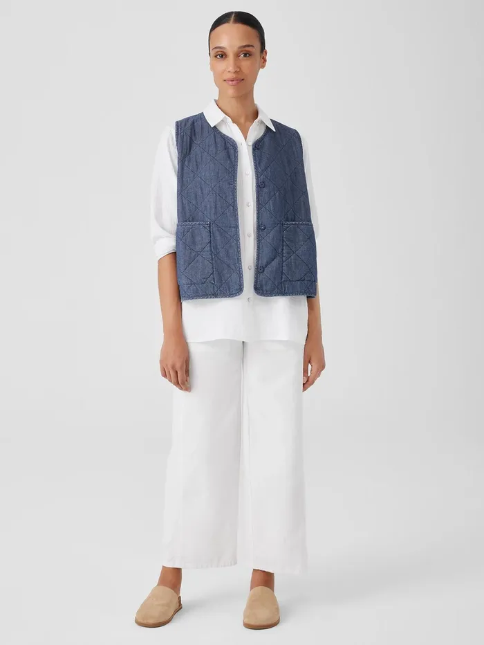 Women Eileen Fisher Jackets Coats and Vests Airy Organic Cotton Twill Quilted Vest Denim