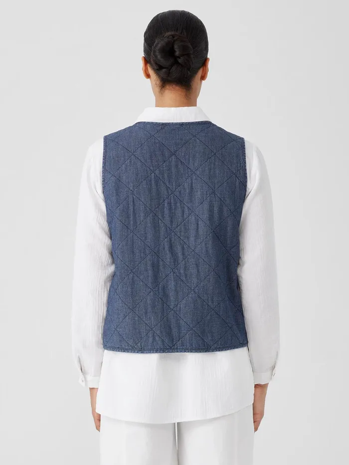 Women Eileen Fisher Jackets Coats and Vests Airy Organic Cotton Twill Quilted Vest Denim