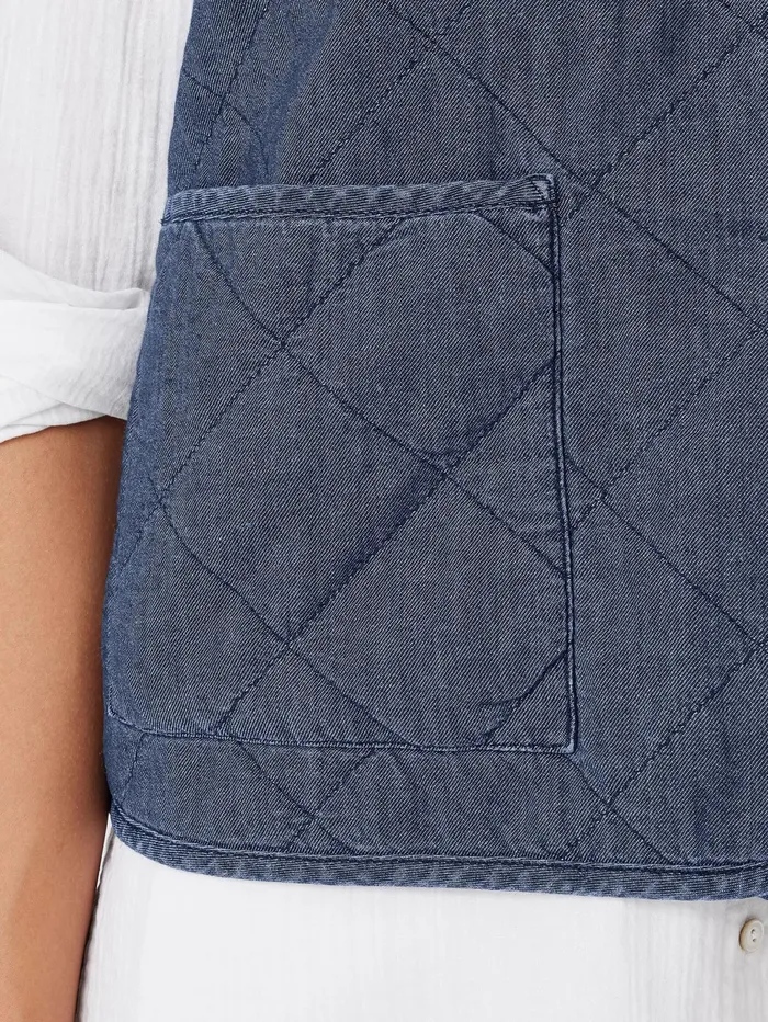 Women Eileen Fisher Jackets Coats and Vests Airy Organic Cotton Twill Quilted Vest Denim