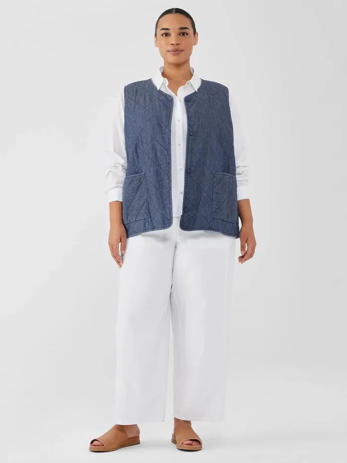 Women Eileen Fisher Jackets Coats and Vests Airy Organic Cotton Twill Quilted Vest Denim