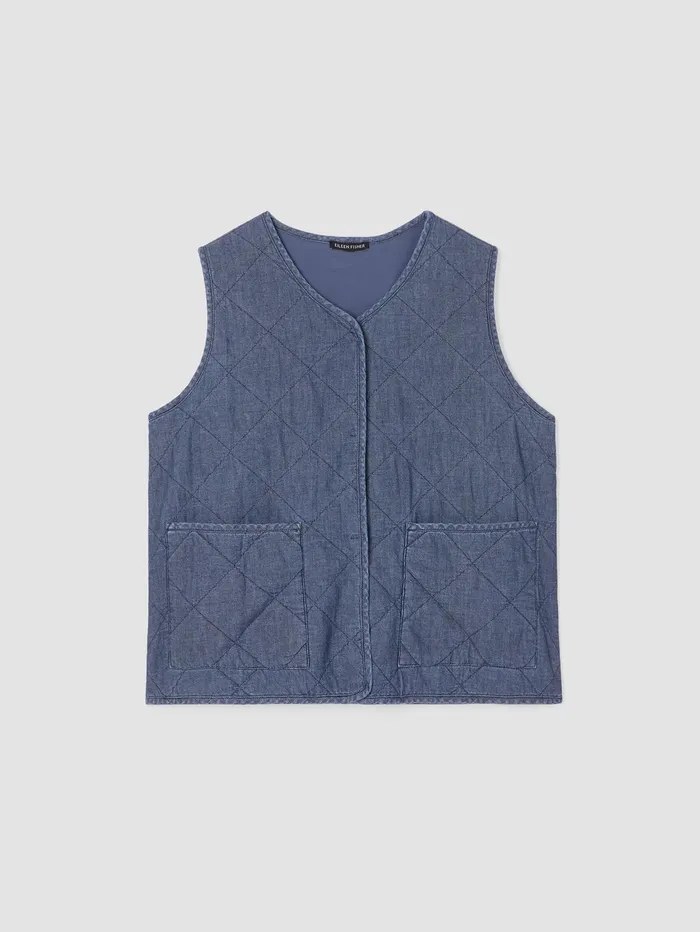 Women Eileen Fisher Jackets Coats and Vests Airy Organic Cotton Twill Quilted Vest Denim