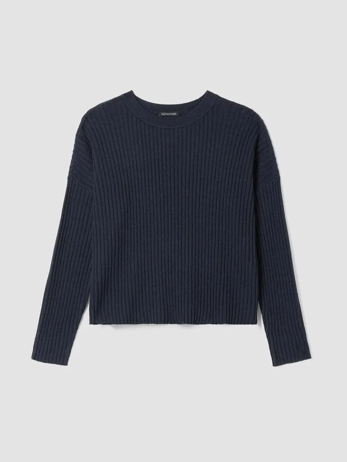 Women Eileen Fisher Sweaters and Cardigans Cotton And Recycled Cashmere Crew Neck BoxTop Ocean