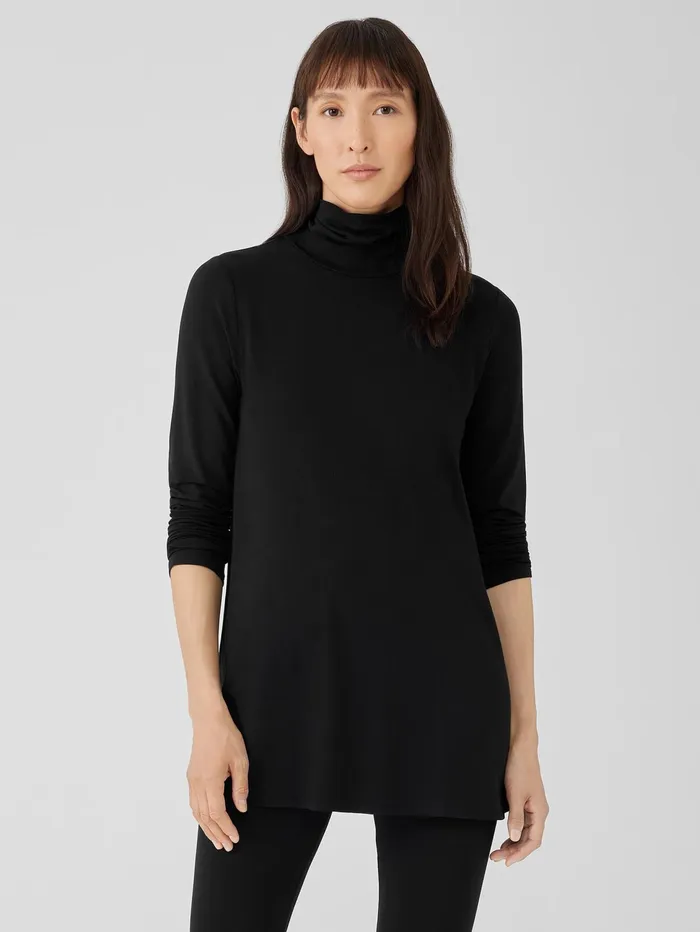 Women Eileen Fisher Tops and Tees Fine Jersey Scrunch Neck Long Top Black