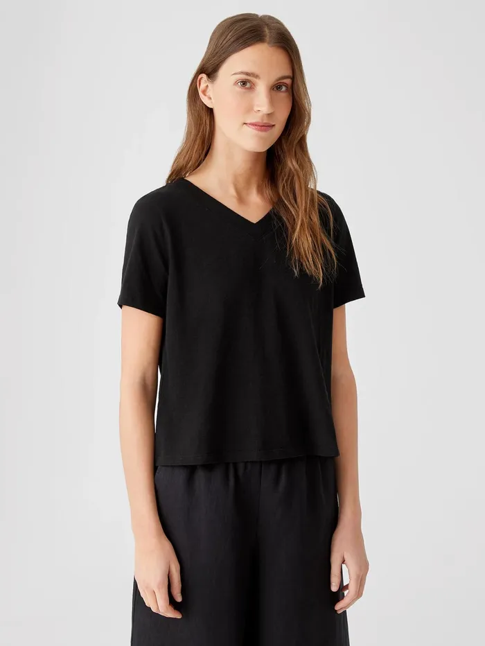 Women Eileen Fisher Tops and Tees Organic Cotton Slub VNeck Tee Black