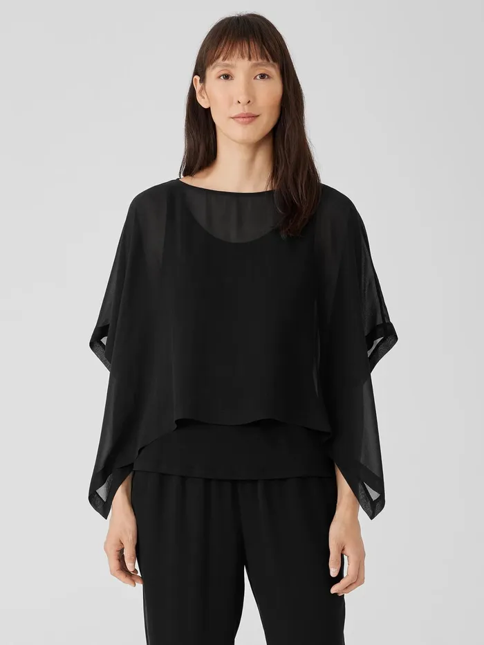 Women Eileen Fisher Tops and Tees Sheer Silk Georgette Poncho Black
