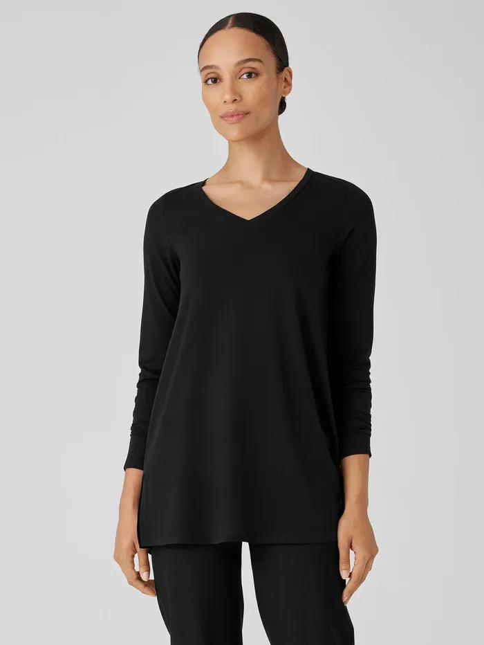 Women Eileen Fisher Tops and Tees Stretch Jersey Knit VNeck Long Top Black