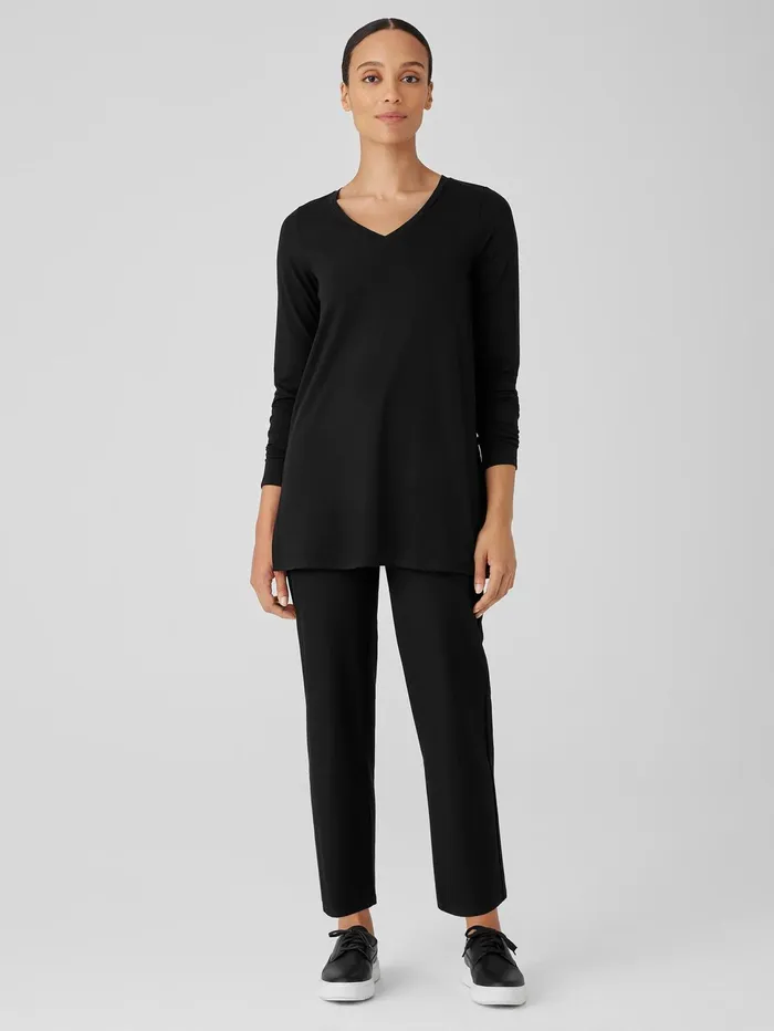 Women Eileen Fisher Tops and Tees Stretch Jersey Knit VNeck Long Top Black