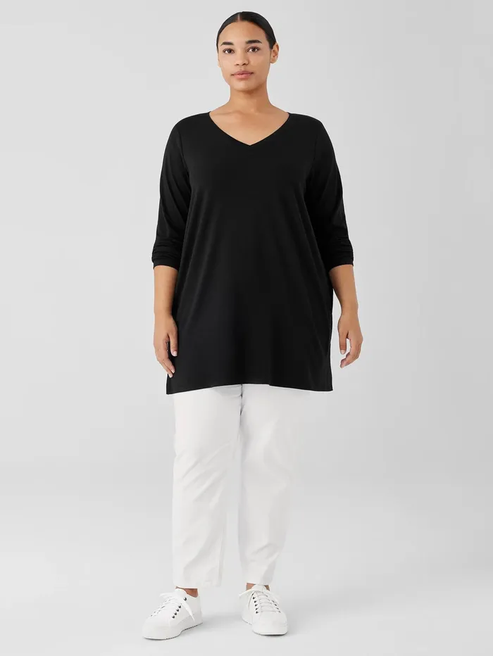 Women Eileen Fisher Tops and Tees Stretch Jersey Knit VNeck Long Top Black