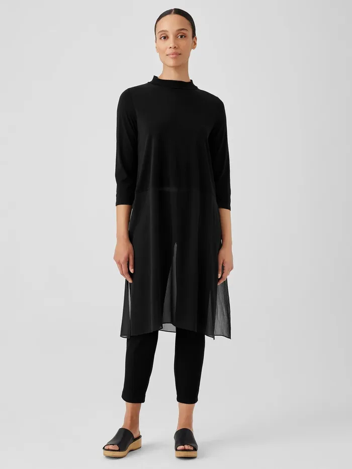Women Eileen Fisher Tops and Tees Stretch Silk Jersey Mock Neck Top Black