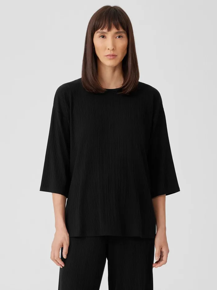 Women Eileen Fisher Tops and Tees Variegated Rib Knit Crew Neck Long Top Black Women Eileen Fisher Tops and Tees Variegated Rib Knit Crew Neck Long Top Black