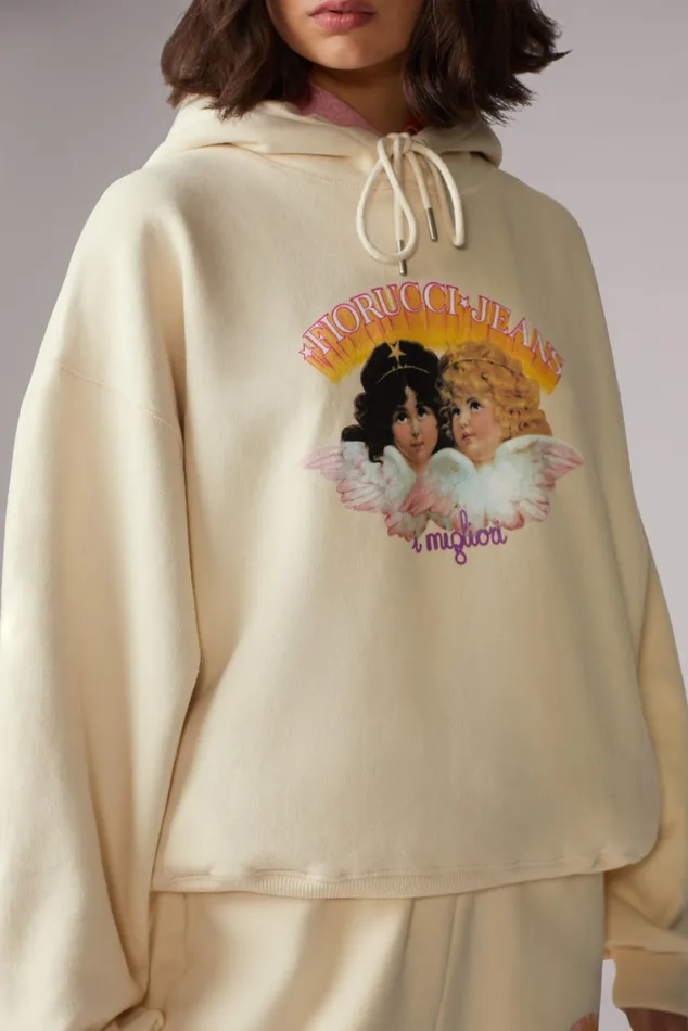 Women Fiorucci Sweatshirts and Hoodies Angels Jeans Logo Hoodie Cream Women Fiorucci Sweatshirts and Hoodies Angels Jeans Logo Hoodie Cream