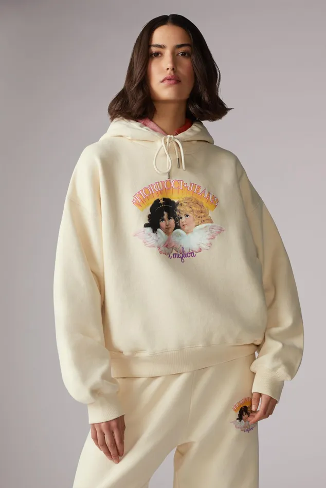 Women Fiorucci Sweatshirts and Hoodies Angels Jeans Logo Hoodie Cream Women Fiorucci Sweatshirts and Hoodies Angels Jeans Logo Hoodie Cream
