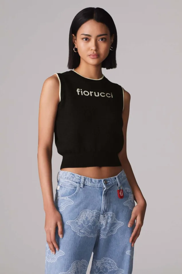 Women Fiorucci TShirts and Tops Logo Crop Knit Vest Black Women Fiorucci TShirts and Tops Logo Crop Knit Vest Black