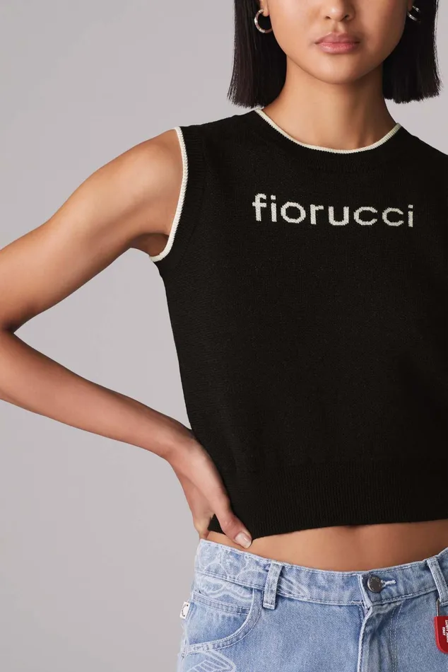 Women Fiorucci TShirts and Tops Logo Crop Knit Vest Black Women Fiorucci TShirts and Tops Logo Crop Knit Vest Black