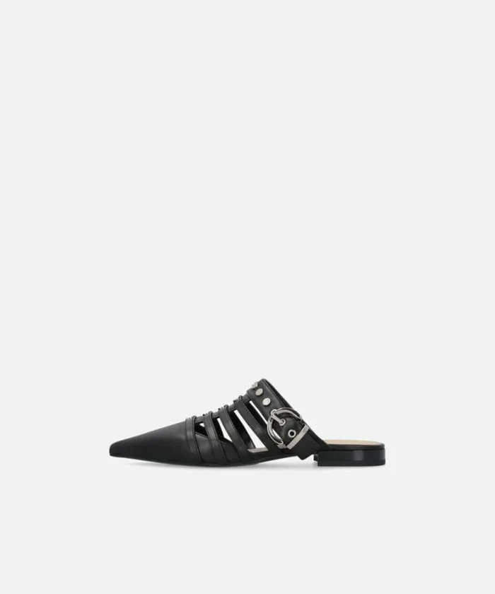 Women Flats Pinko Pointed Nappa Leather Slippers With Straps Limo Black Women Flats Pinko Pointed Nappa Leather Slippers With Straps Limo Black