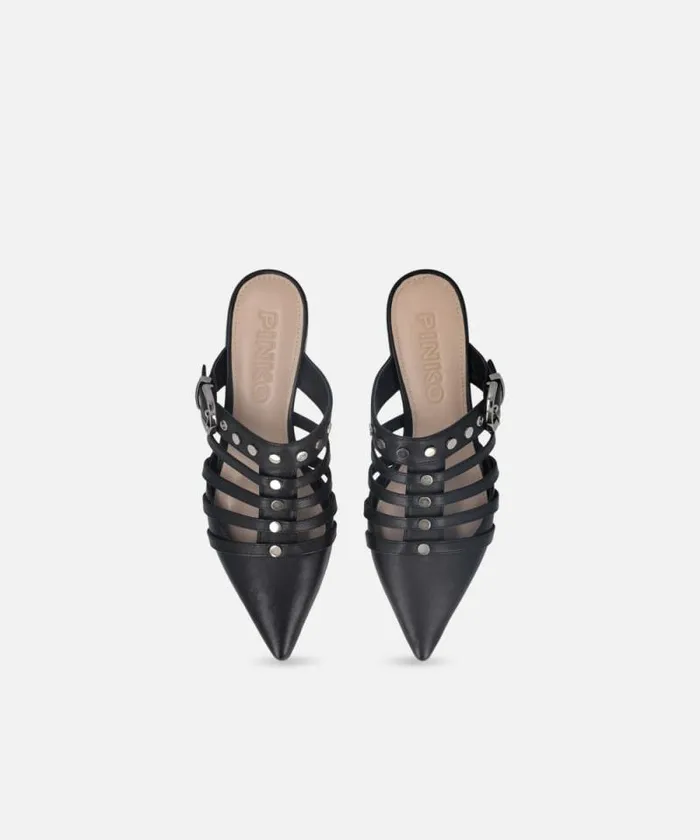 Women Flats Pinko Pointed Nappa Leather Slippers With Straps Limo Black Women Flats Pinko Pointed Nappa Leather Slippers With Straps Limo Black