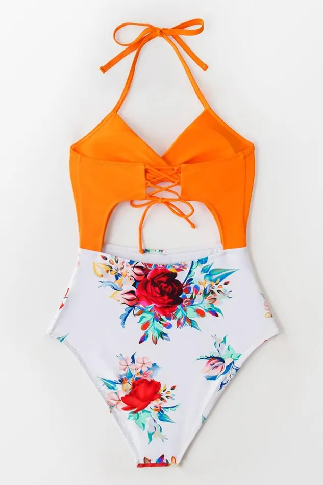 Women Halter and Lace Up Swimsuits Cupshe Orange Floral Laceup Halter One Piece Swimsuit Orange
