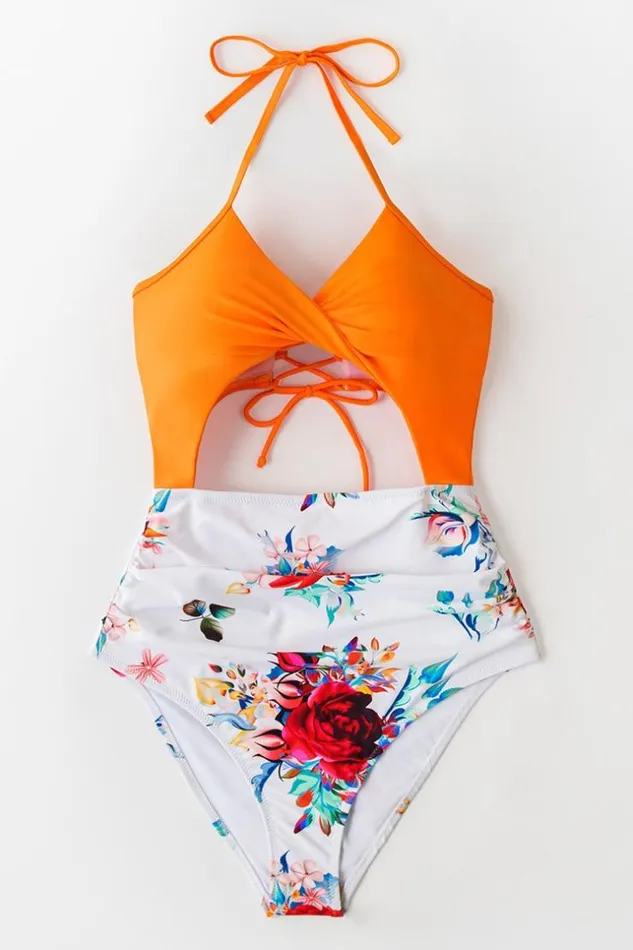 Women Halter and Lace Up Swimsuits Cupshe Orange Floral Laceup Halter One Piece Swimsuit Orange