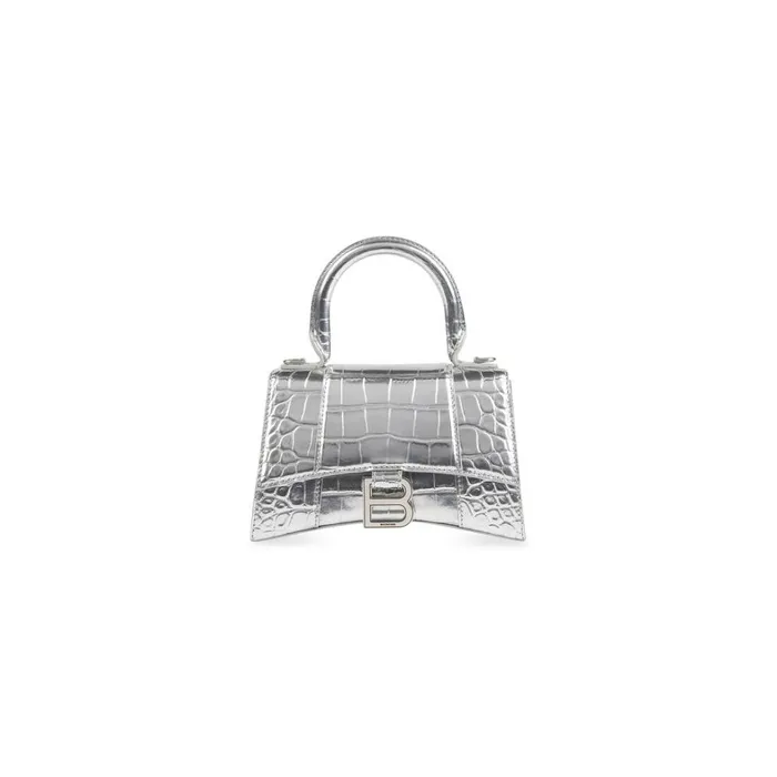 Women Handbags Balenciaga Hourglass Xs Handbag Crocodile Embossed In Silver