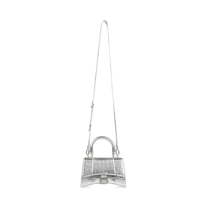 Women Handbags Balenciaga Hourglass Xs Handbag Crocodile Embossed In Silver