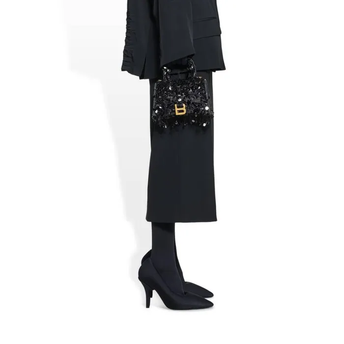 Women Handbags Balenciaga Hourglass Xs Handbag With Chain Embroidery In Black