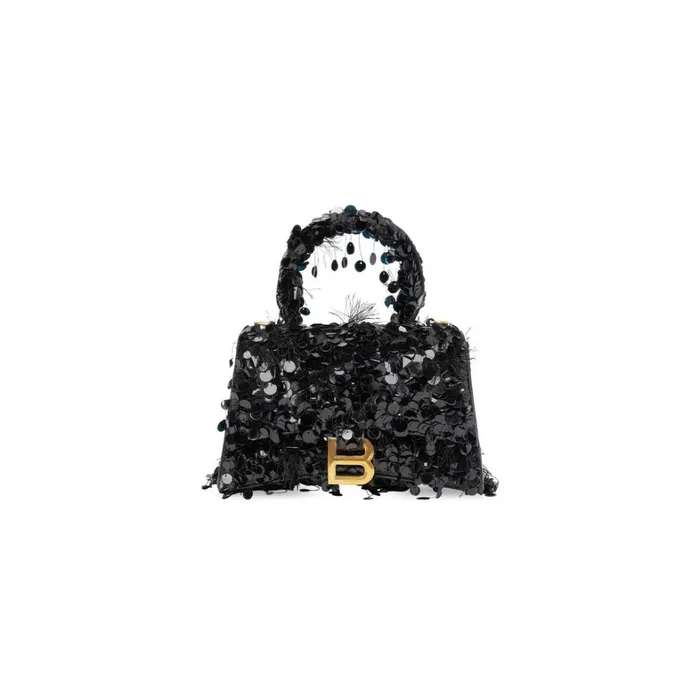 Women Handbags Balenciaga Hourglass Xs Handbag With Chain Embroidery In Black