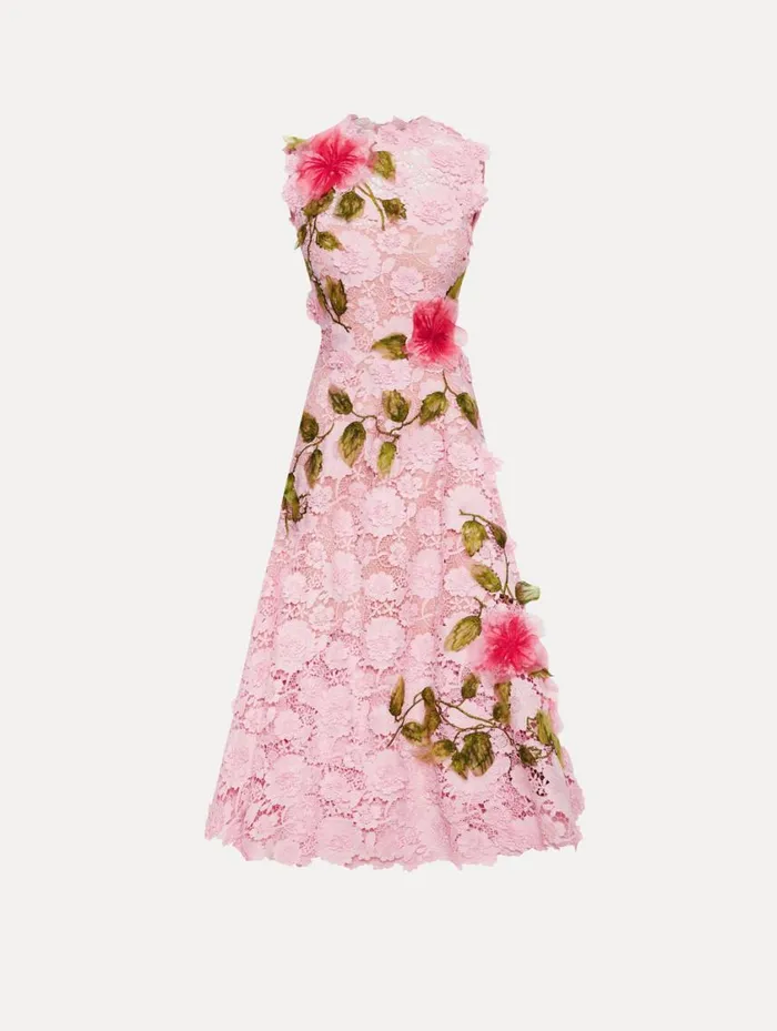 Women Hibiscus Embroidered Guipure Dress Soft Pink Oscar De La Renta Dresses